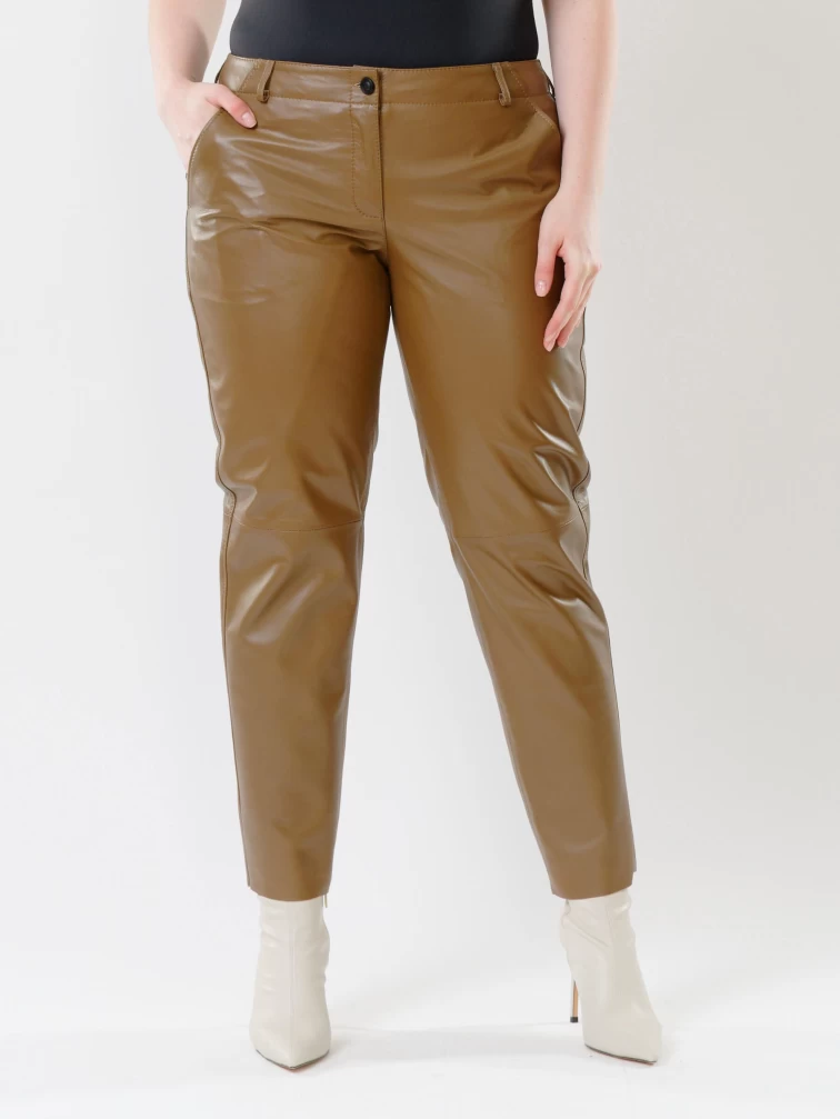 Кожаные зауженные женские брюки из натуральной кожи 03, серо-коричневые, размер 46, артикул 85521-3