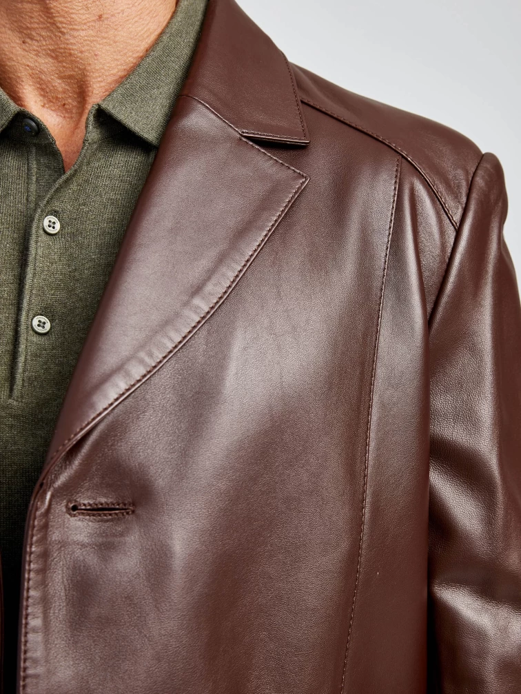 Кожаный пиджак удлиненный премиум класса для мужчин 541, коричневый, размер 48, артикул 29532-2