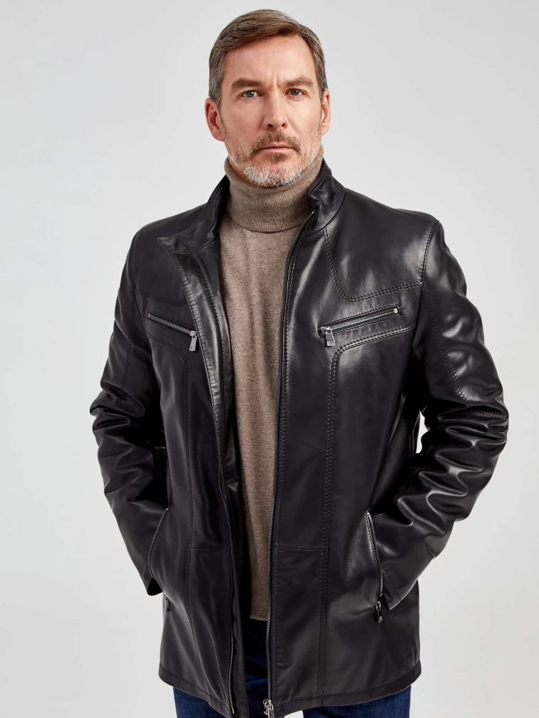 Мужская утепленная кожаная куртка пять молний премиум класса 537ш, черная, размер 50, артикул 40482-0