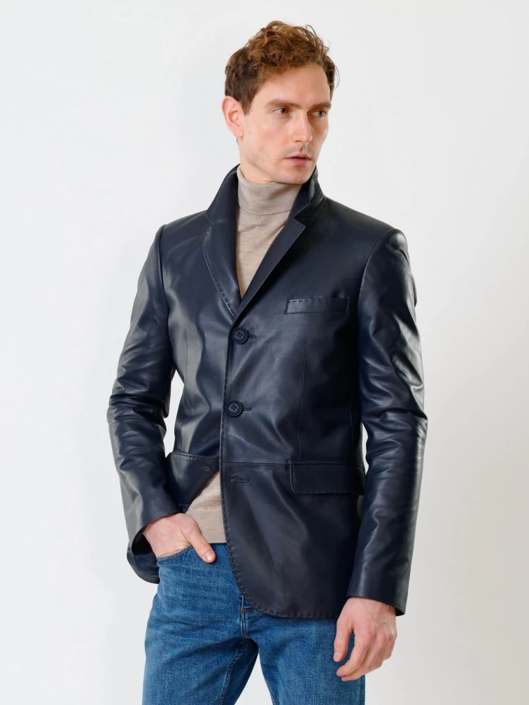 Мужской кожаный пиджак на ручном стежке премиум класса 543, синий, размер 50, артикул 28441-6
