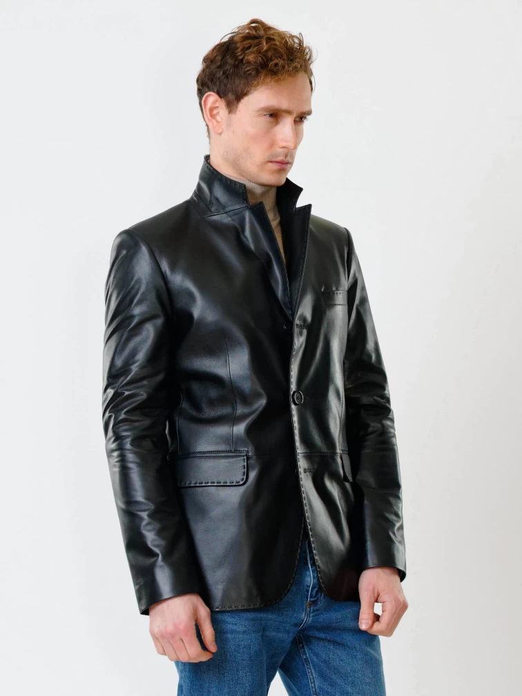 Мужской кожаный пиджак на ручном стежке премиум класса 543, черный, размер 48, артикул 28451-1
