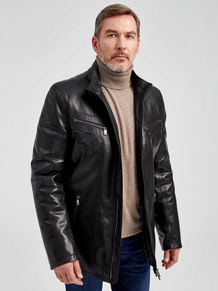 Мужская утепленная кожаная куртка пять молний премиум класса 537ш, черная, размер 50, артикул 40482-6
