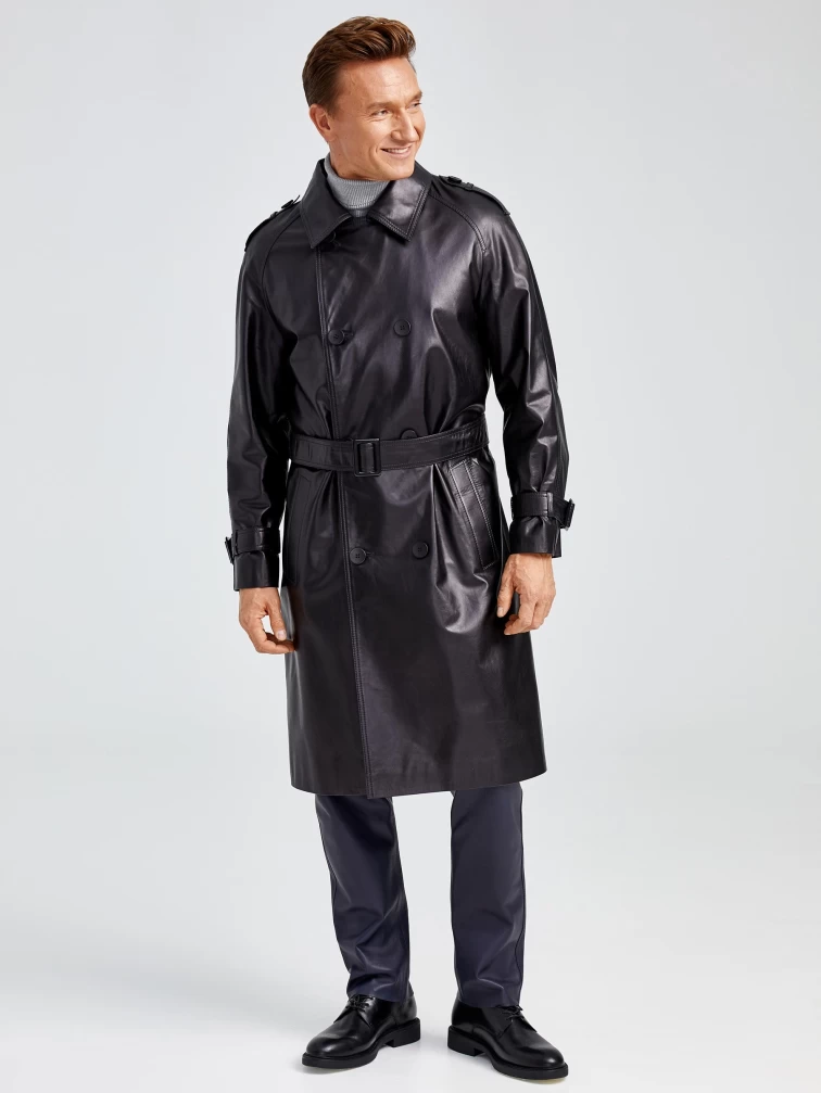 Двубортное мужское кожаное пальто премиум класса 553, черное, размер 50, артикул 71340-5