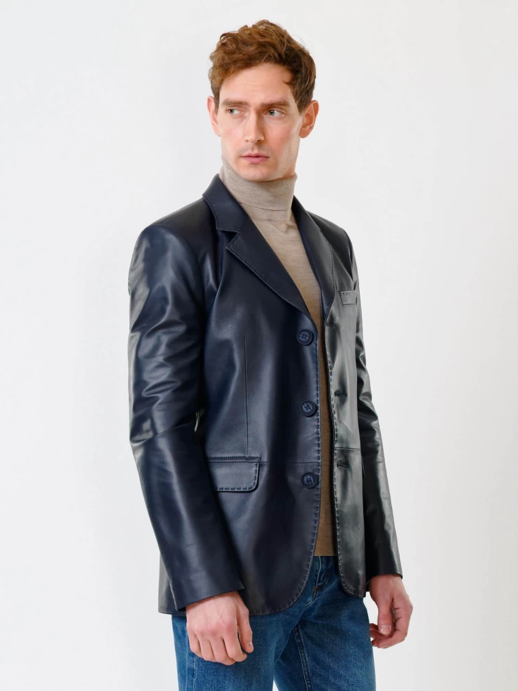 Мужской кожаный пиджак на ручном стежке премиум класса 543, синий, размер 50, артикул 28441-5