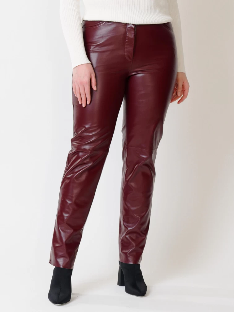 Кожаные зауженные женские брюки из натуральной кожи 02, бордовые, размер 42, артикул 85490-6