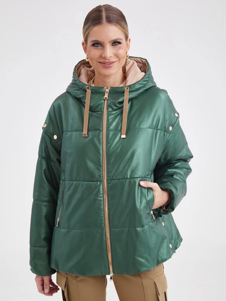 Утепленная кожаная куртка оверсайз с капюшоном премиум класса женская 3023, зеленая, размер 48, артикул 23330-1