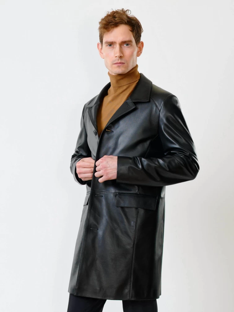 Удлиненный кожаный мужской пиджак премиум класса 539, черный, размер 52, артикул 29551-2