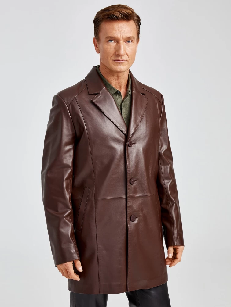 Кожаный пиджак удлиненный премиум класса для мужчин 541, коричневый, размер 48, артикул 29532-6