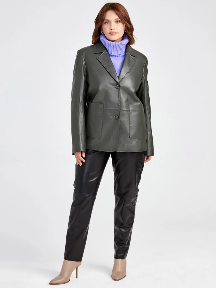 Кожаный женский пиджак премиум класса 3016, оливковый, размер 54, артикул 91581-3