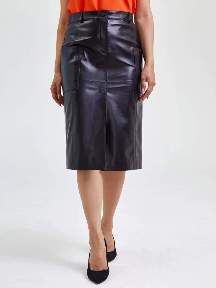 Кожаная юбка прямая из натуральной кожи 10, черная, размер 52, артикул 85580-1