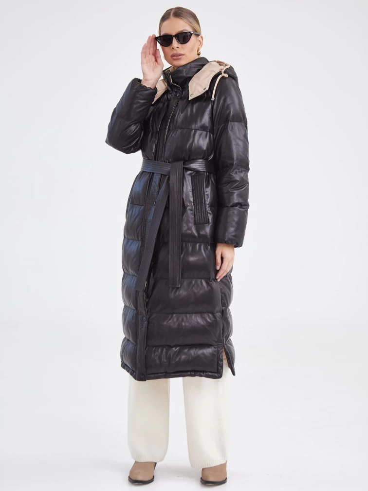 Черное кожаное пальто с капюшоном премиум класса женское 3024, размер 44, артикул 25420-2