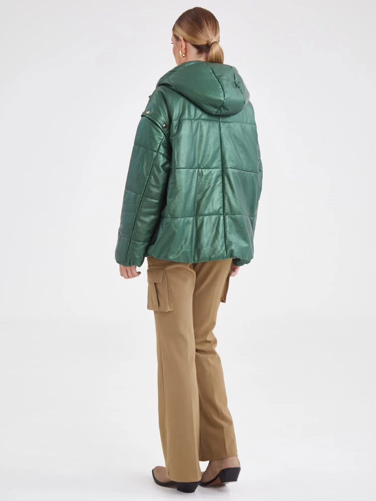 Утепленная кожаная куртка оверсайз с капюшоном премиум класса женская 3023, зеленая, размер 48, артикул 23330-6