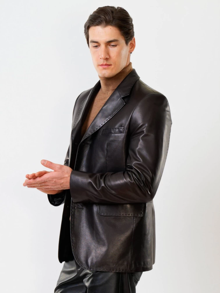 Мужской кожаный пиджак на ручном стежке премиум класса 543, черный, размер 48, артикул 27330-6
