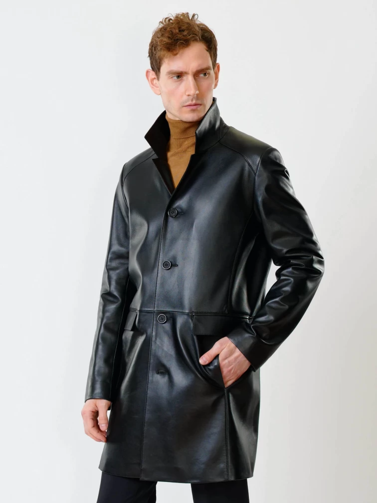 Удлиненный кожаный мужской пиджак премиум класса 539, черный, размер 52, артикул 29551-5