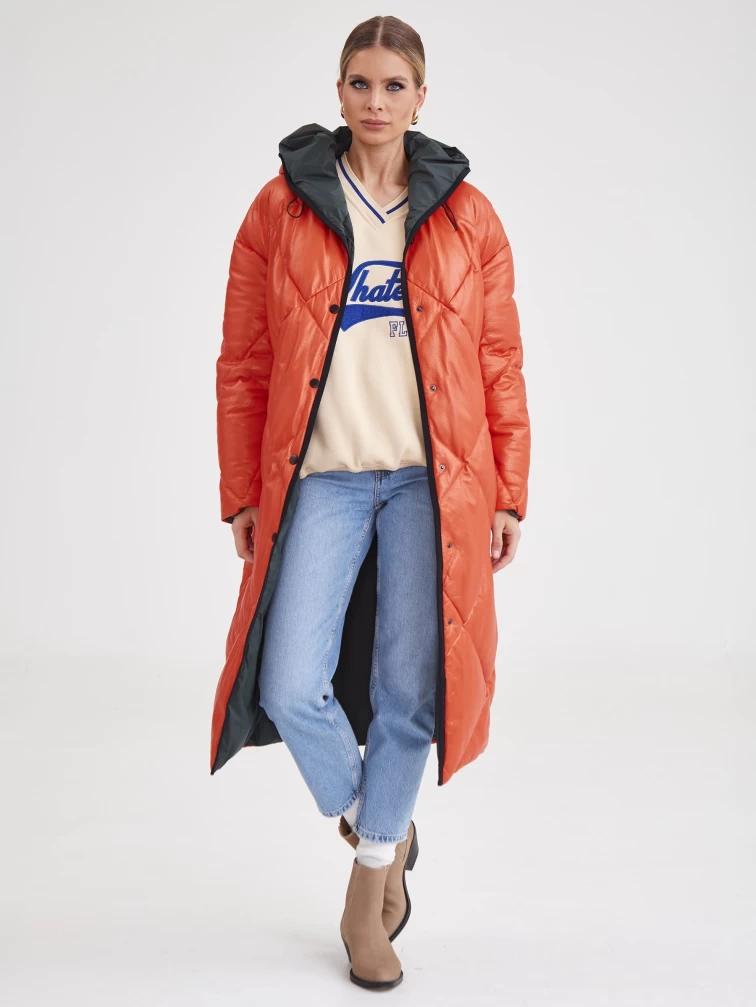 Кожаное пальто с капюшоном премиум класса женское 3026, оранжевое, размер 44, артикул 25410-4
