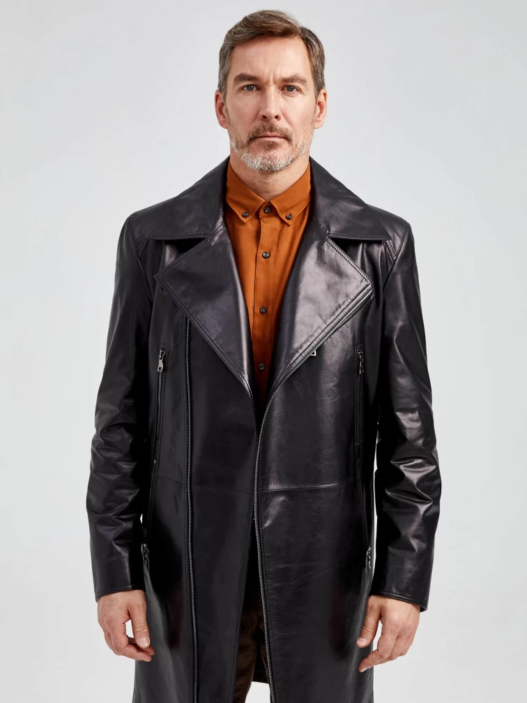 Мужское кожаное пальто из натуральной кожи премиум класса 554, черное, размер 52, артикул 71350-6