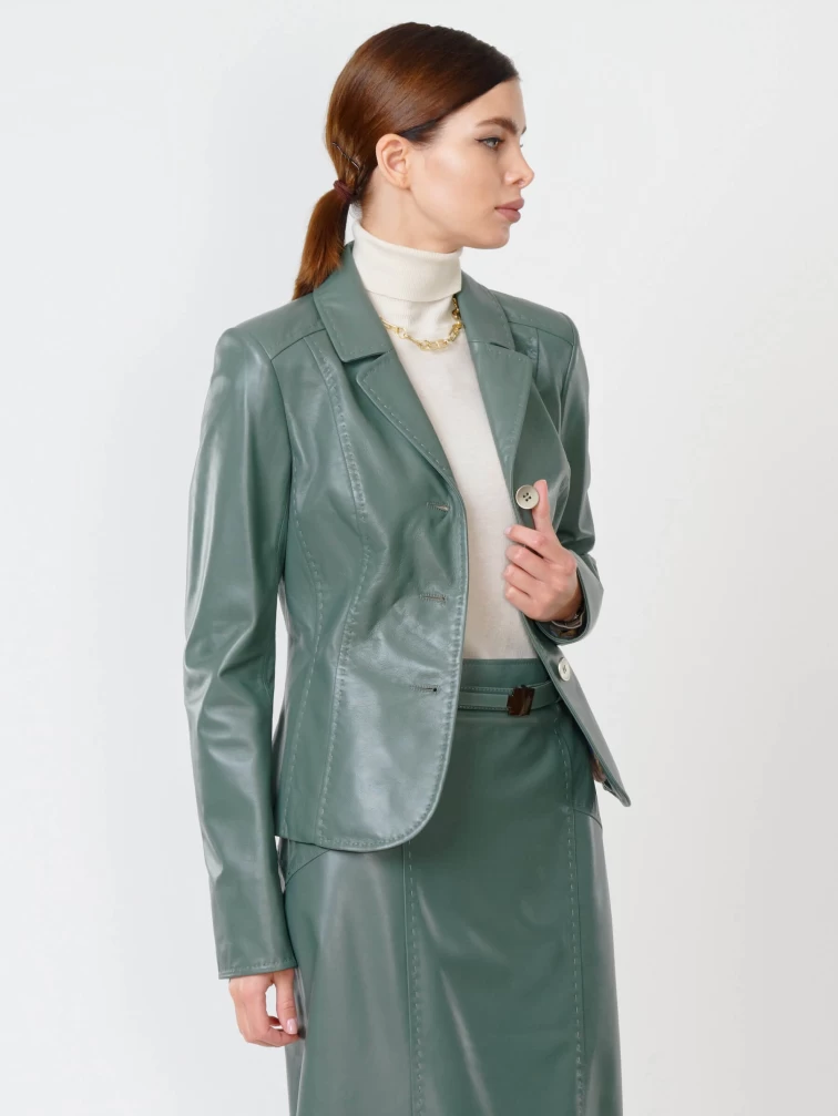 Кожаный женский пиджак 316рс, оливковый, размер 46, артикул 90851-2