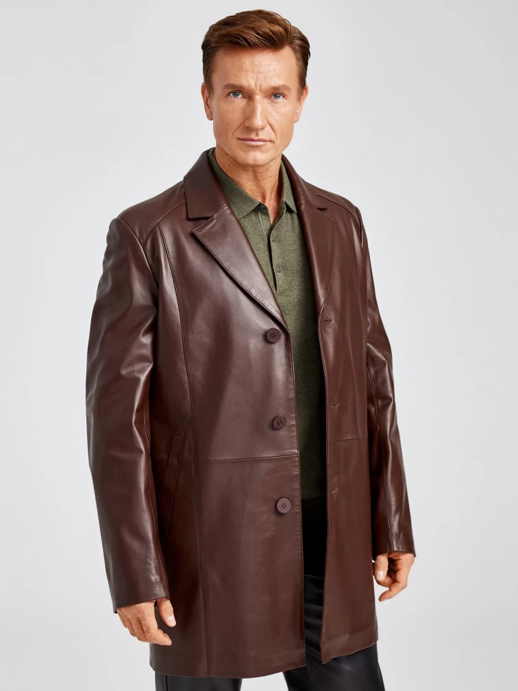 Кожаный пиджак удлиненный премиум класса для мужчин 541, коричневый, размер 48, артикул 29532-0