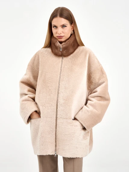 Белая дубленка из астрагана с норкой 59мех, размер 48, артикул 65130-5