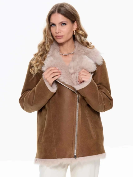 Короткая женская дубленка из тосканы 2068, бежевая, размер 56, артикул 64730-4