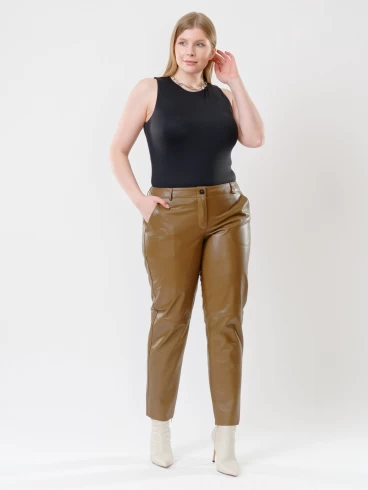 Кожаные зауженные женские брюки из натуральной кожи 03, серо-коричневые, размер 46, артикул 85521-0