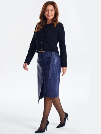 Кожаная юбка миди с запахом 07, синяя, размер 48, артикул 86372-0