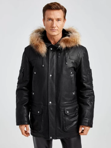 Кожаная куртка-аляска утепленная мужская Алекс, с мехом енота, черная DS, размер 50, артикул 40380-0