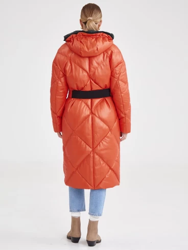 Кожаное пальто с капюшоном премиум класса женское 3026, оранжевое, размер 44, артикул 25410-6