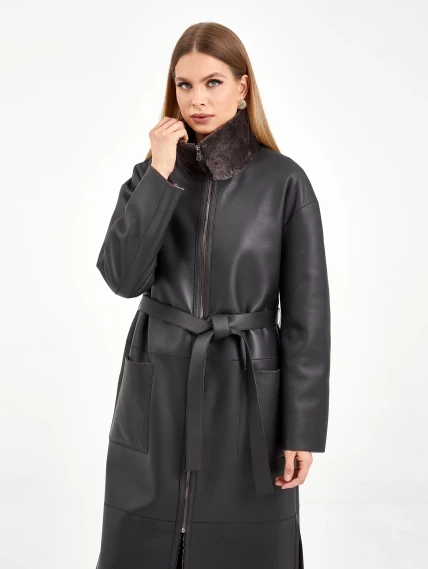 Коричневая длинная женская дубленка 2071, размер 46, артикул 64990-2