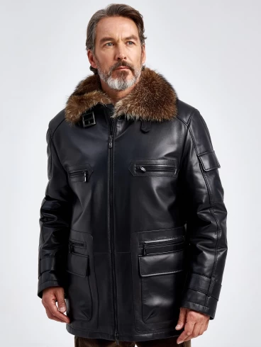 Зимняя мужская кожаная куртка с воротником меха енота 514, черная, размер 56, артикул 40750-6