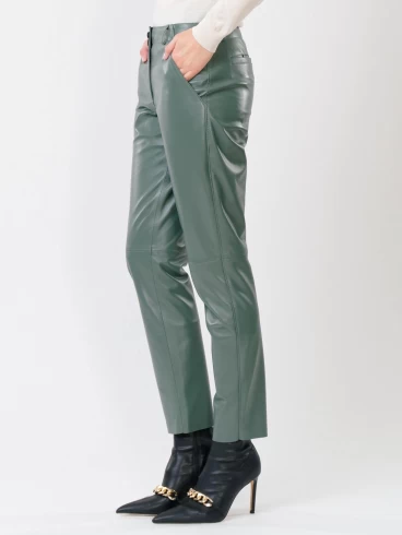 Кожаные зауженные женские брюки из натуральной кожи 03, оливковые, размер 44, артикул 85260-5