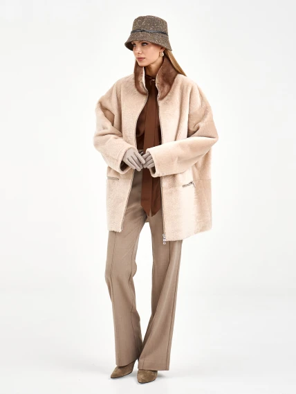 Белая дубленка из астрагана с норкой 59мех, размер 48, артикул 65130-1