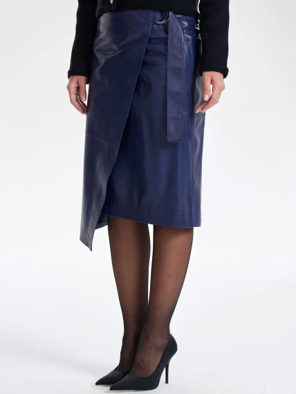 Кожаная юбка миди с запахом 07, синяя, размер 48, артикул 86372-1