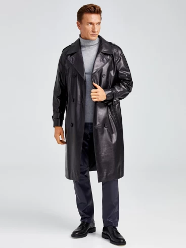 Двубортное мужское кожаное пальто премиум класса 553, черное, размер 50, артикул 71340-6