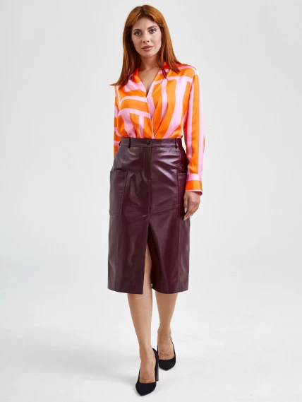 Кожаная юбка с разрезом 10, бордовая, размер 44, артикул 85590-6