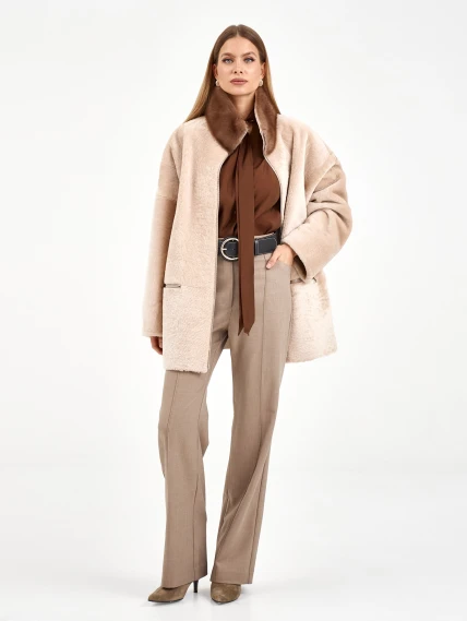 Белая дубленка из астрагана с норкой 59мех, размер 48, артикул 65130-7