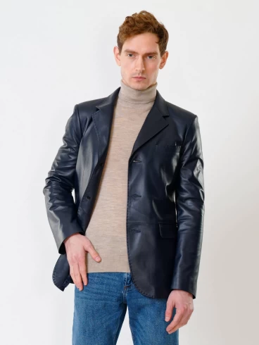 Мужской кожаный пиджак на ручном стежке премиум класса 543, синий, размер 50, артикул 28441-1