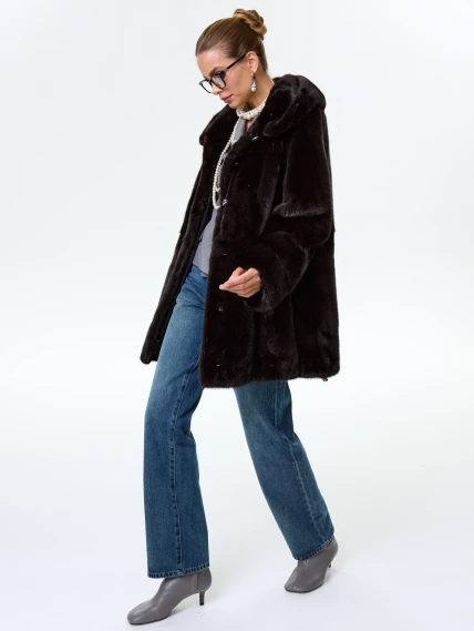 Короткая женская норковая шуба автоледи с капюшоном Елена(к), черная, размер 50, артикул 64540-2