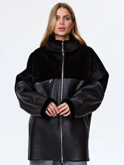 Молодежная дубленка оверсайз для женщин премиум класса 2051, черная, размер 48, артикул 64160-4