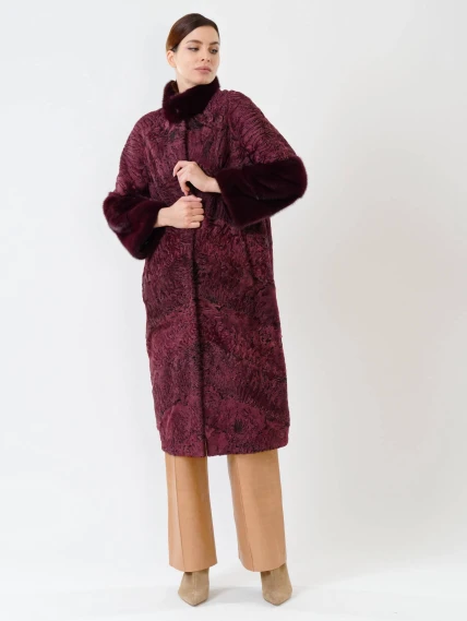 Женская шуба из меха каракуля с мехом норки 17101д(сн), бордовая, размер 44, артикул 22620-2