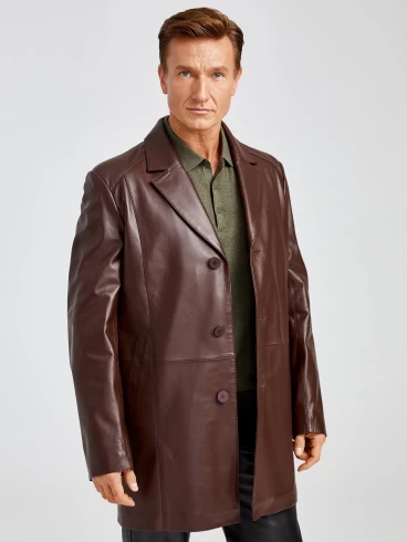 Кожаный пиджак удлиненный премиум класса для мужчин 541, коричневый, размер 48, артикул 29532-0