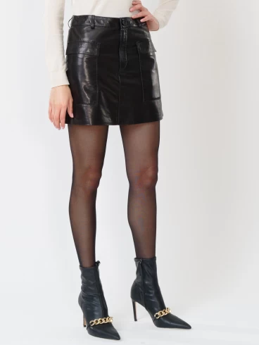 Кожаная юбка мини 03, с накладными карманами, из натуральной кожи, черная, размер 42, артикул 85340-6
