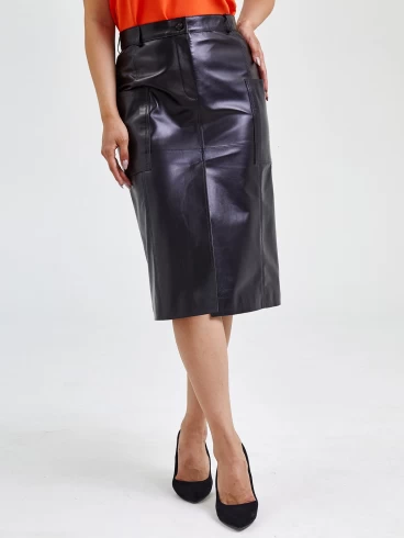 Кожаная юбка прямая из натуральной кожи 10, черная, размер 52, артикул 85580-2