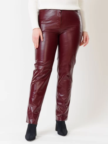 Кожаные зауженные женские брюки из натуральной кожи 02, бордовые, размер 42, артикул 85490-3
