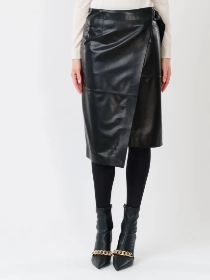 Кожаная юбка миди с запахом 07, черная, размер 44, артикул 85301-4