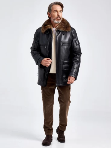 Зимняя мужская кожаная куртка с воротником меха енота 514, черная, размер 56, артикул 40750-3