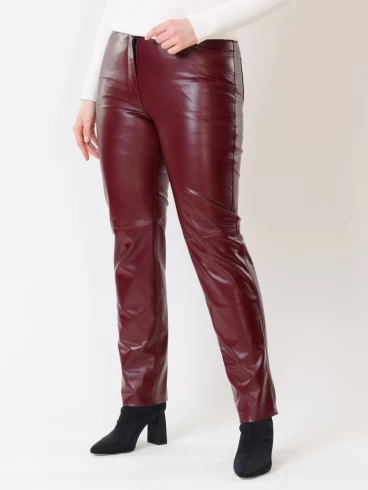 Кожаные зауженные женские брюки из натуральной кожи 02, бордовые, размер 42, артикул 85490-5