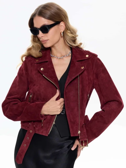 Женская замшевая куртка косуха с поясом премиум класса 3080з, бордовая, размер 42, артикул 24740-7