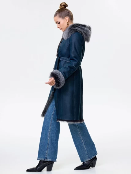 Длинная женская дубленка из тосканы с капюшоном 123нк, синяя, размер 40, артикул 61913-7