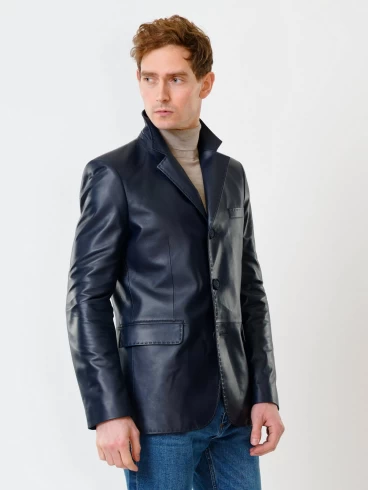 Мужской кожаный пиджак на ручном стежке премиум класса 543, синий, размер 50, артикул 28441-2